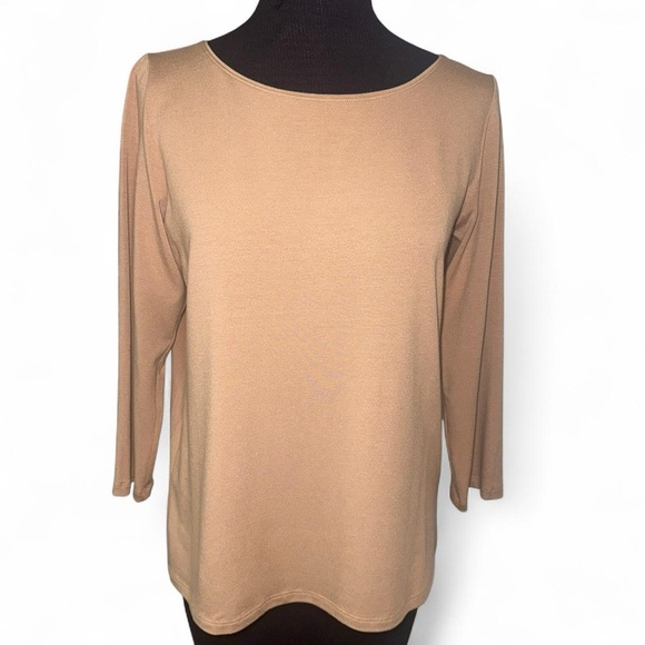 Eileen Fisher Ballet Neck 3/4 Sleeve Viscose Jersey Knit Top Camel Tan Sz S NWT - Picture 1 of 8